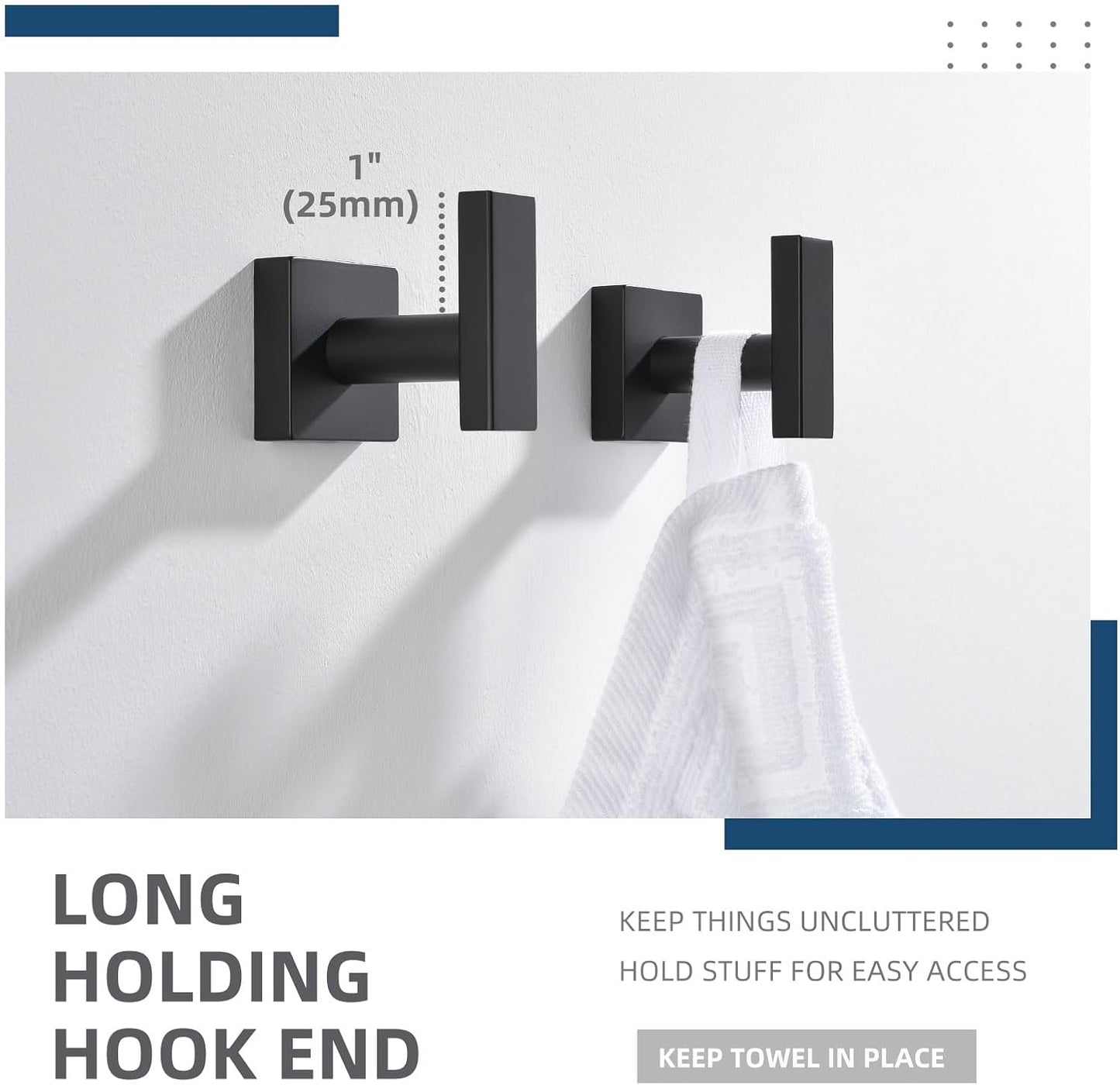 Angle Simple Bathroom Towel Hooks, Stainless Steel Robe Coat Hooks for Wall, Matte Black, 2 Pack