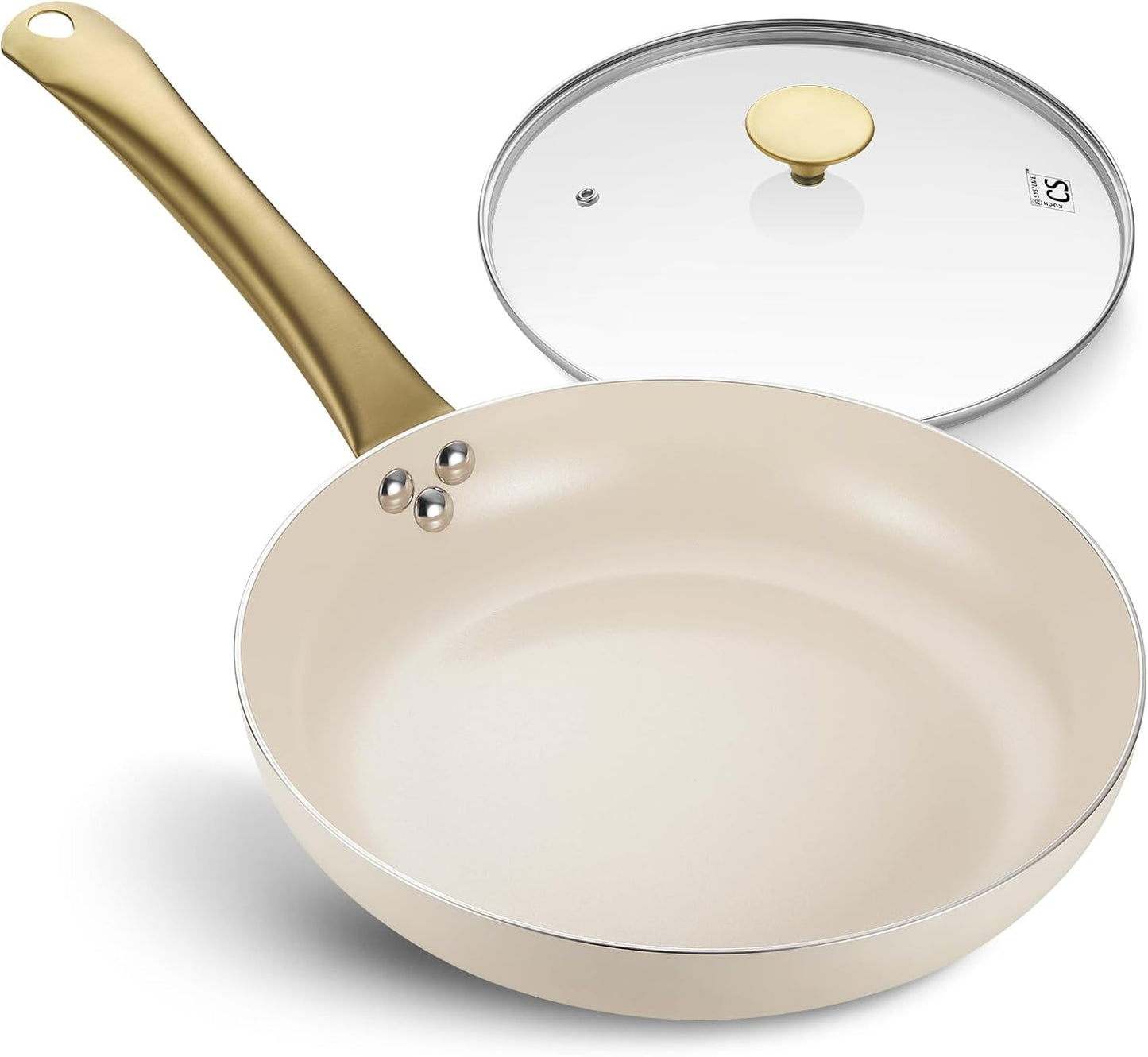 KOCH SYSTEME CS Nonstick Frying Pan with Lid, 10 Inch Non-Stick Skillet with Gold Stainless Steel Handle, Omelet Pan with Nonstick Ceramic Coating, PFOA Free, Induction & Oven Safe, Cream White