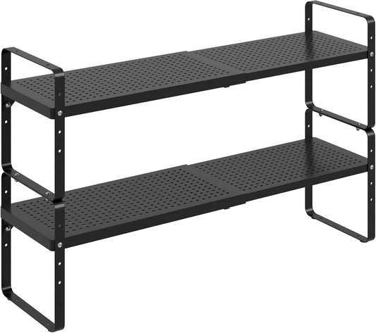 Expandable Cabinet Shelf Organizer Adjustable Metal Spice Rack Stackable Freestanding Counter Storage Shelves for Kitchen Cabinet Under Sink Office Desk (Black - 2Pack - L16.5-27'' * W8'' * H9.6'')