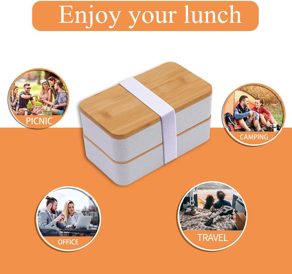 Japanese Bamboo Bento Box with Compartments and Utensils Stackable Lunch Box Includes Lunch Bag for Meal Prep Beige