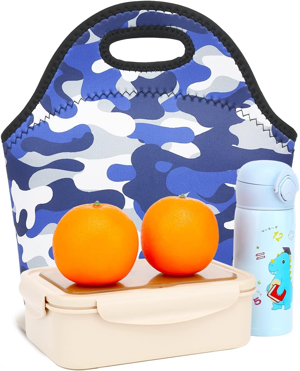 FlowFly Neoprene kids Lunch box Insulated Soft Bag Mini Cooler Thermal Meal Tote Kit for Boys, Girls,Men,Women,School,Work, Office, Blue Camo