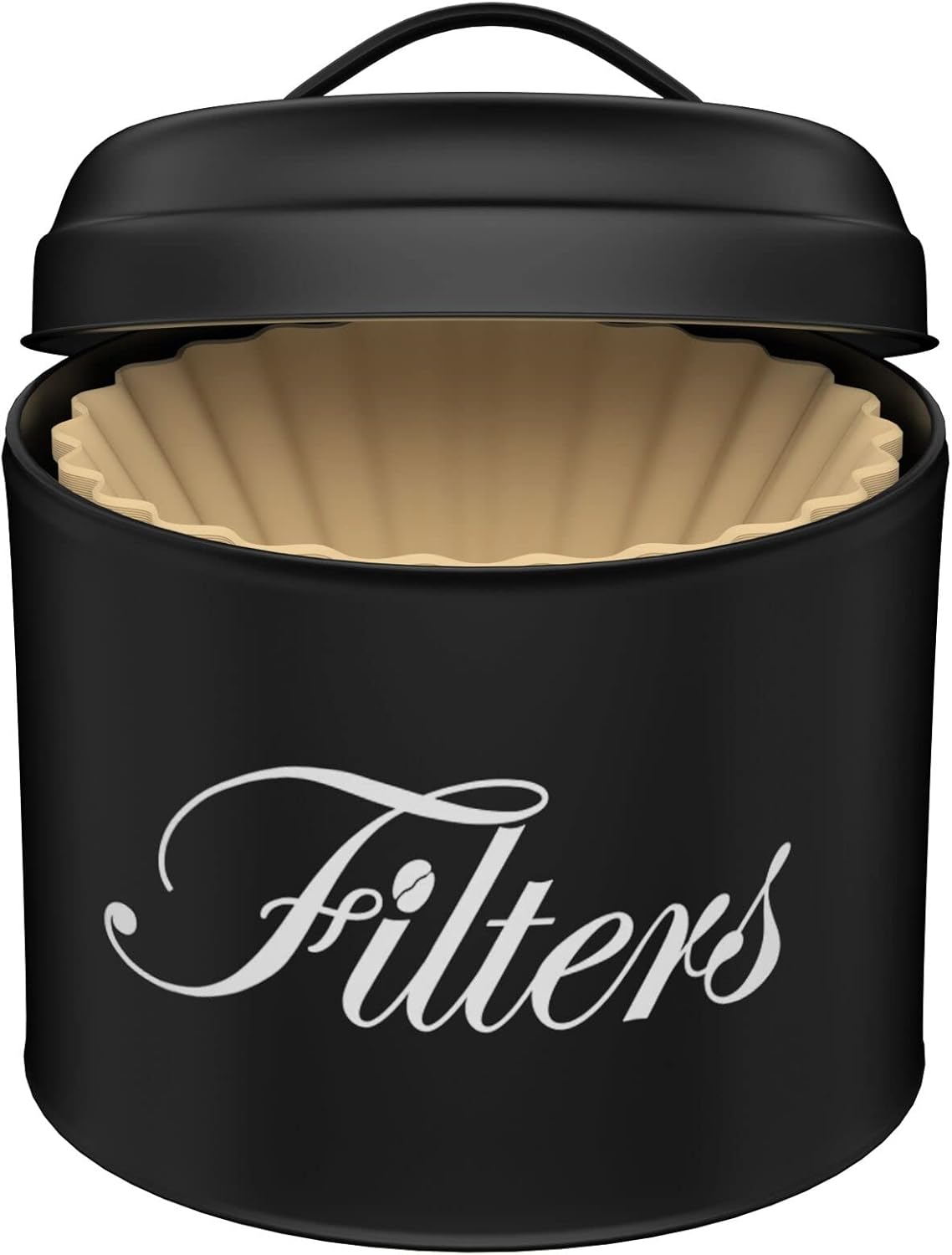 Black Basket Coffee Filter Holder With Lid - Round Container for Counter Storage - Rustic Farmhouse Bar Accessories Decor