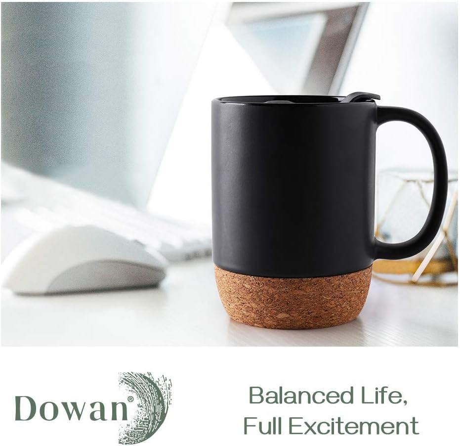 DOWAN Coffee Mugs, 15 oz Mug Set of 2, Large Ceramic Coffee Mug with Cork Bottom and Spill Proof Lid for Mom Dad, Big Mug for Latte Tea, Matte Grey