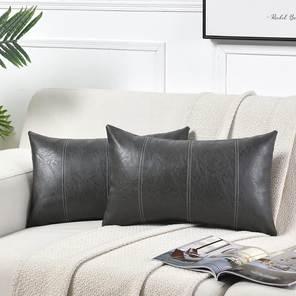 Fancy Homi Dark Gray Lumbar Waterproof Faux Leather Decorative Throw Pillow Covers 12x20 Inch for Outdoor Couch Bed, Modern Farmhouse Boho Home Decor, Grey Hand Stitched Cushion Case 30x50 cm