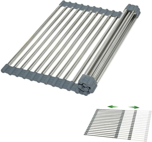 CHIRISEN Expandable Large Roll Up Dish Drying Rack, 18 Tubes 21.25x12.79'' Collapsible Over The Sink Rack, Non-Slip Silicone Rolling Dish Drainer Stainless Steel Rack for Kitchen Sink Counter (Gray)