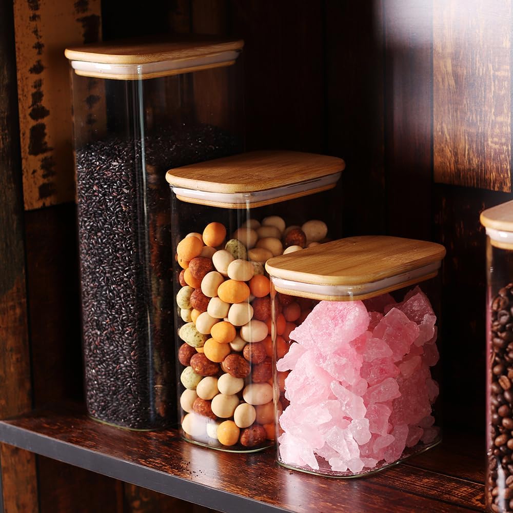 33OZ Airtight Glass Food Storage Containers with Lids - Set of 6 for Pantry, Cereal, Flour & Rice Dispensing - Rectangle Shapes with Bamboo Lids - Ideal for Kitchen Organization & Meal Prep