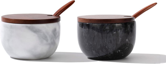 Marble Salt Cellar with Lid & Spoon, 11oz Salt and Pepper bowls, Handcrafted from Natural Marble, Smooth Inside ((white+black) bowl)