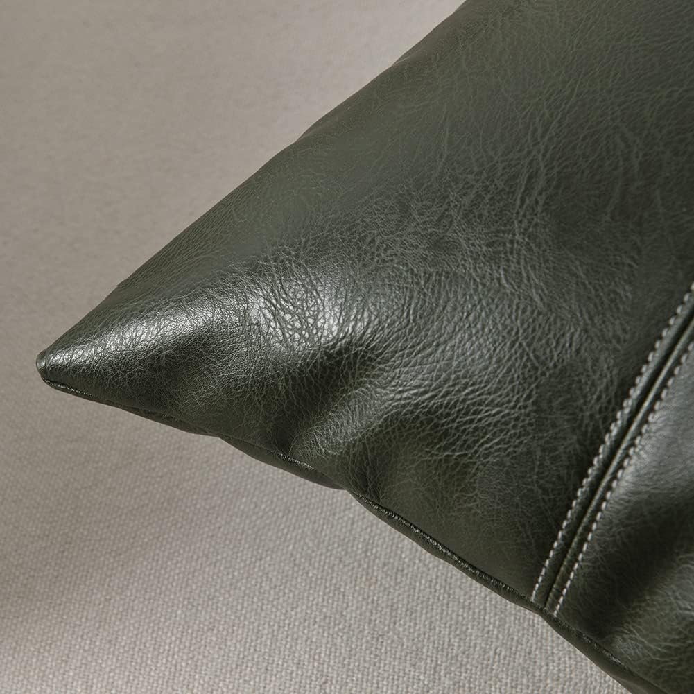 Fancy Homi Dark Green Lumbar Faux Leather Decorative Throw Pillow Covers 12x20 Inch for Living Room Couch Bed, Modern Farmhouse Boho Home Decor, Olive Green Hand Stitched Cushion Case 30x50 cm
