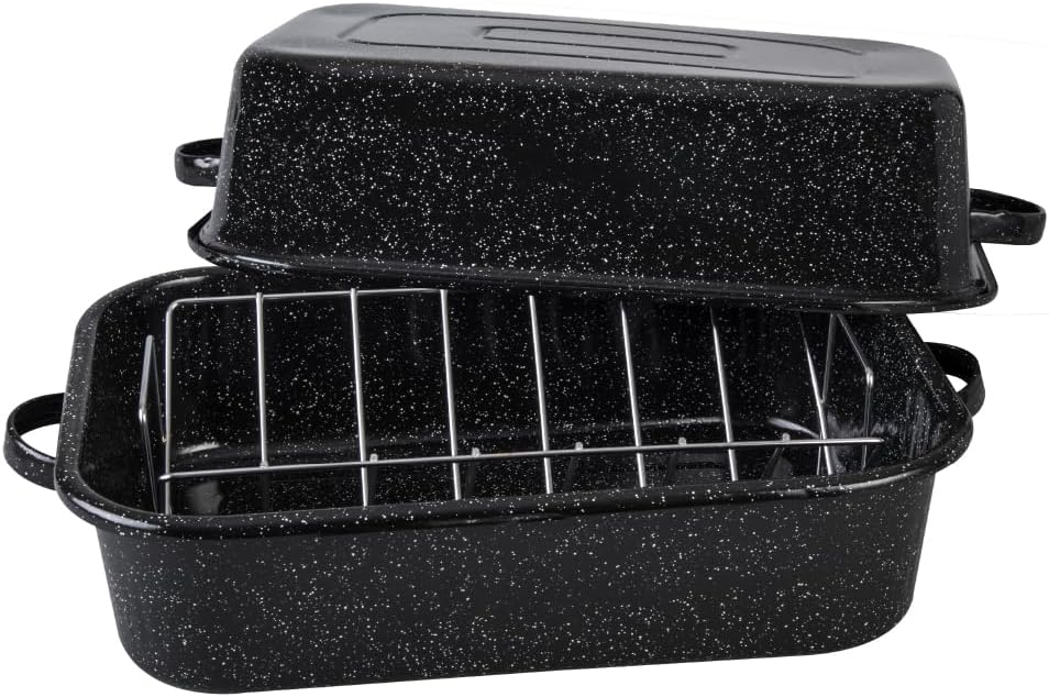 Granite Ware 21 in Oven Rectangular Roaster with lid and V Rack (Speckled Black) - Accommodates up to 25 lb poultry or roast.