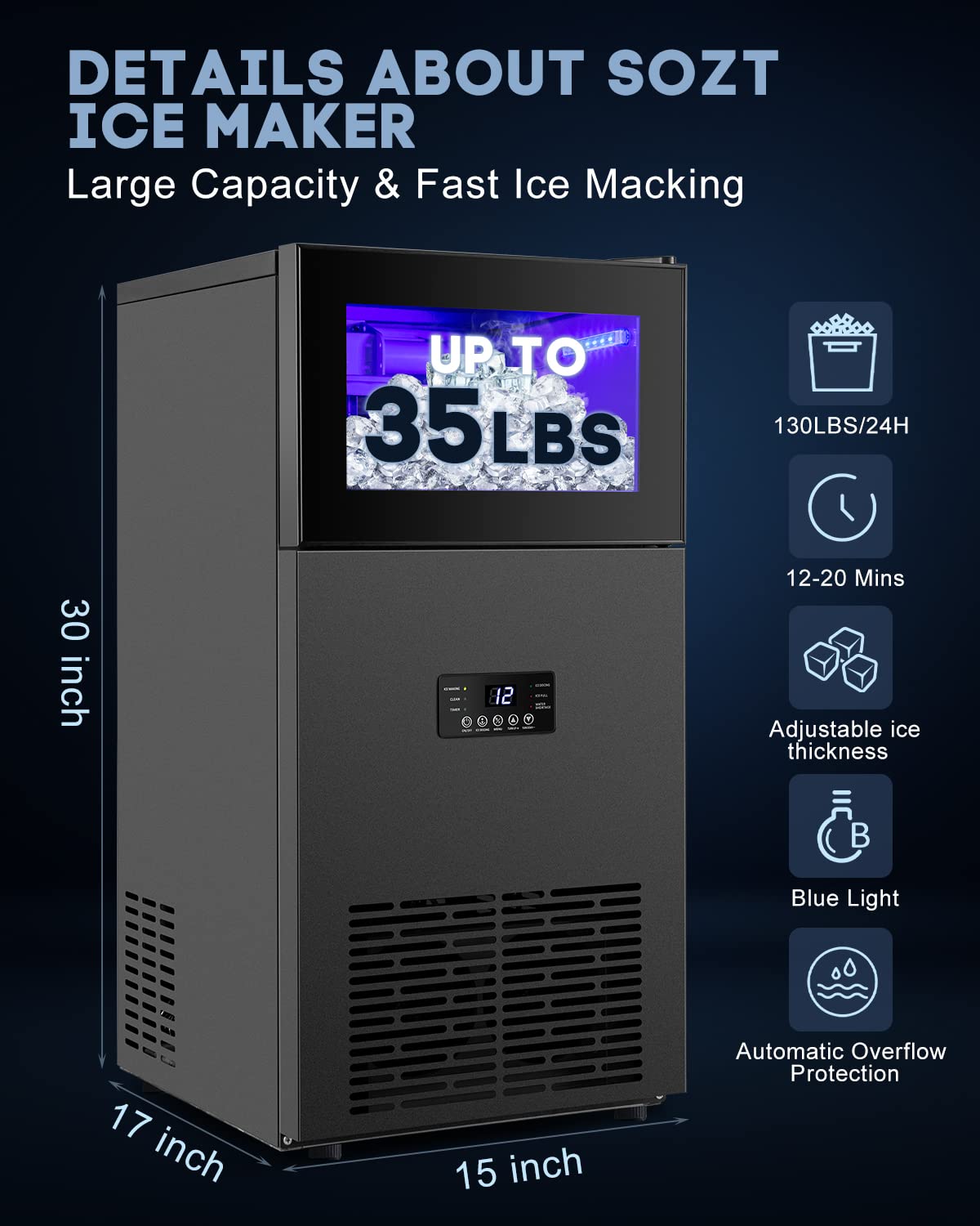 High-Capacity 130LBS/24H Commercial Ice Maker - 35LBS Bin, 15" Wide Frosted Black - Undercounter/Freestanding - Ideal for Home Bar & Outdoor - 45PCS Ice Cubes - Self-Cleaning