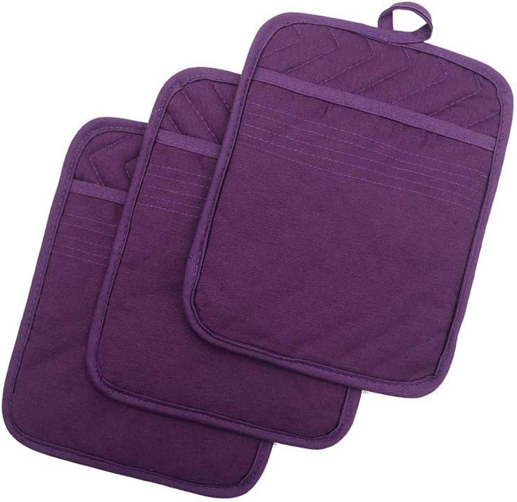 Anyi Pot Holders for Kitchen Heat Resistant, Cotton Hot Pads for Counter Table, Purple Kitchen Pot Holders with Pocket