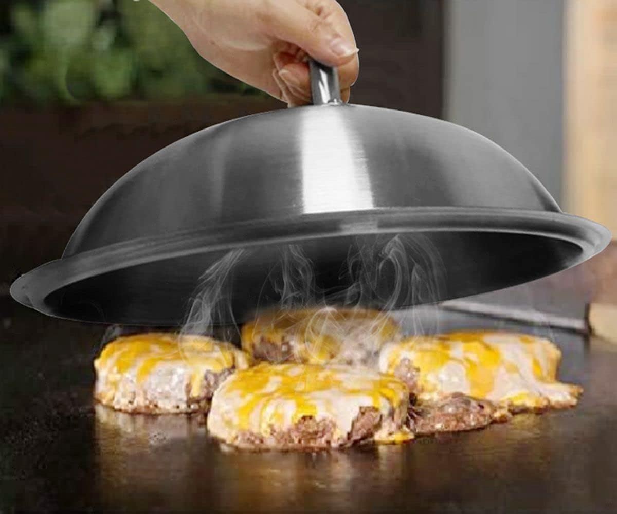 Griddle Accessories Pot Wok Lids - Heavy Duty 12 Inch Round Basting Cover - Stainless Steel - Cheese Melting Dome and Steaming Cover - Best for Use in Flat Top Grill Cooking Indoor Outdoor- 2 Domes