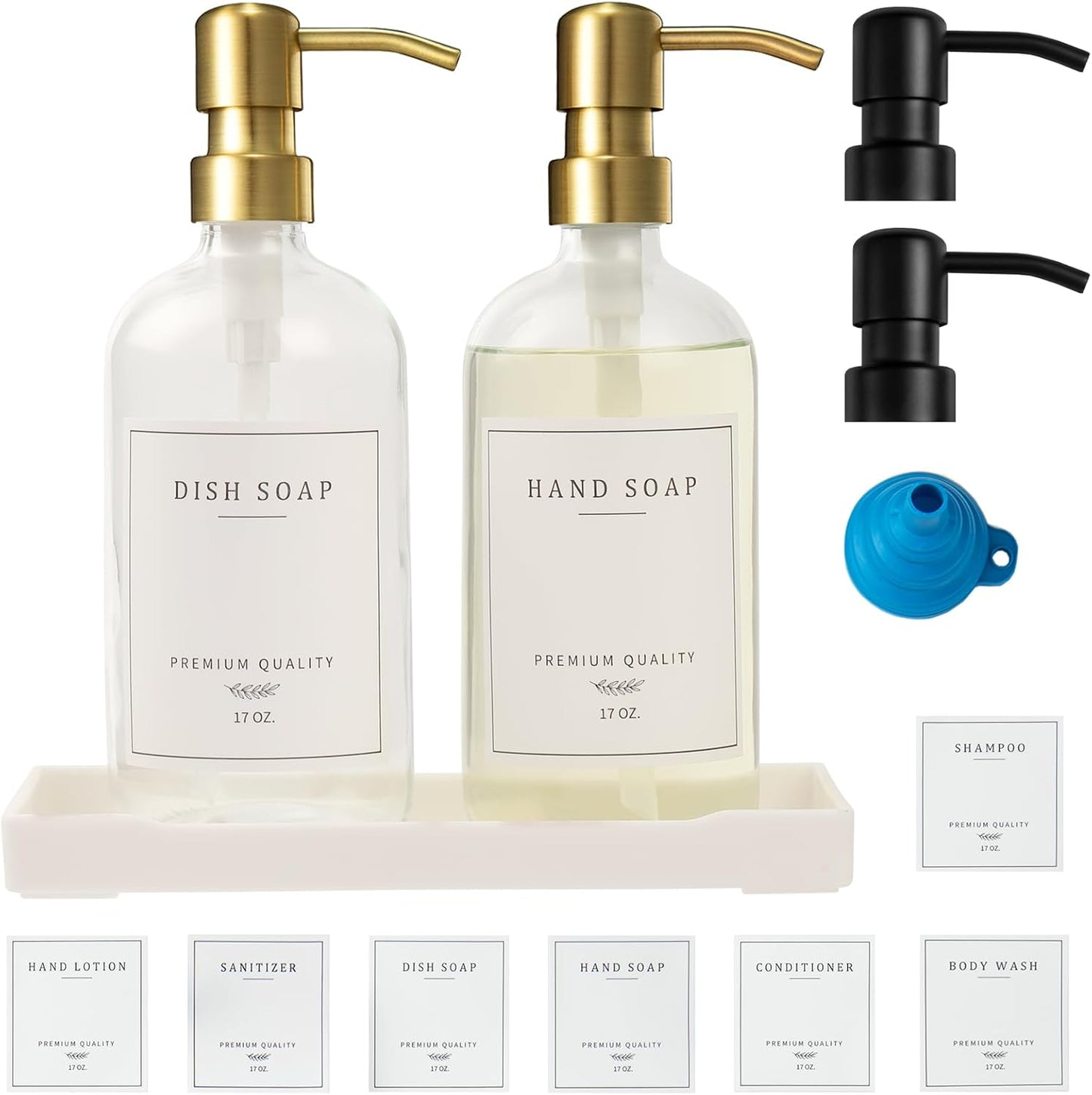 Glass Soap Dispenser for Kitchen, Farmhouse Dish Soap Dispenser&Hand Soap Dispenser Set,Rustproof Pump Lotion Dispenser Bathroom with Tray, Waterproof Label for Kitchen Decor(Clear