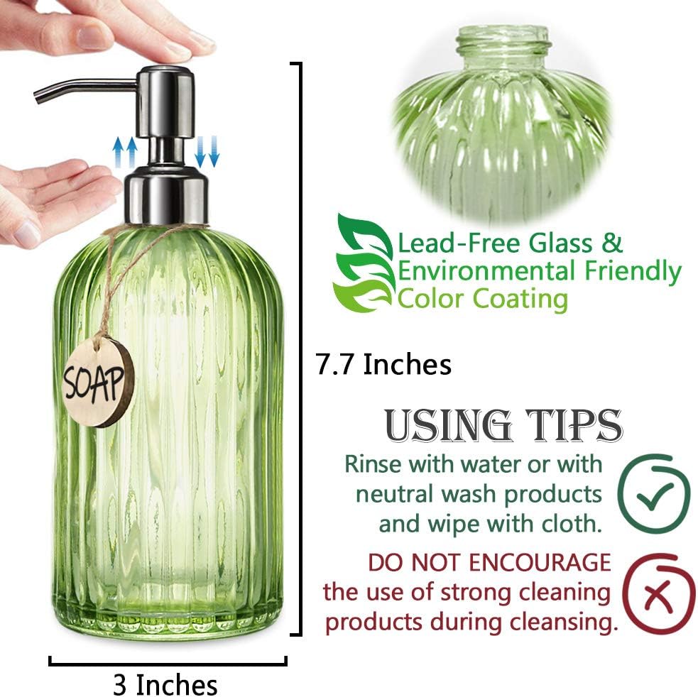 JASAI 18 Oz Vertical Striped Green Soap Dispenser with 304 Rust Proof Stainless Steel Pump, Refillable Lotion Soap Dispenser for Bathroom, Kitchen, Hand Soap, Dish Soap (Clear Green)