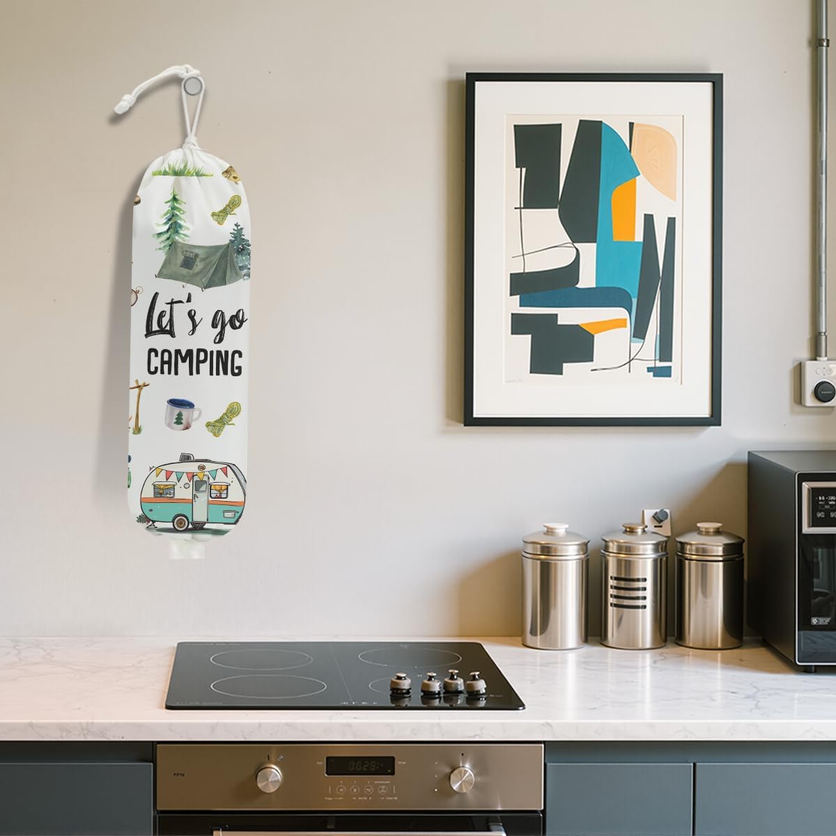 Camping Plastic Bag Holder, Wall Mount Trash Bag Holder, Tent Rv Bonfire Large Reusable Grocery Bags Organizer Storage Dispenser for Camp Kitchen Pantry, Camping Gifts for Women Men Camper