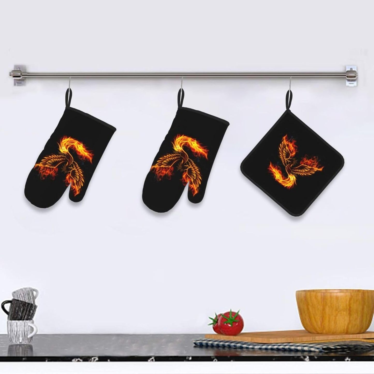 Fire Phoenix Oven Mitts and Pot Holders Set Funny Heat Resistant Microwave Oven Gloves for BBQ Baking Grilling Cooks Kitchen Decor 3 Piece