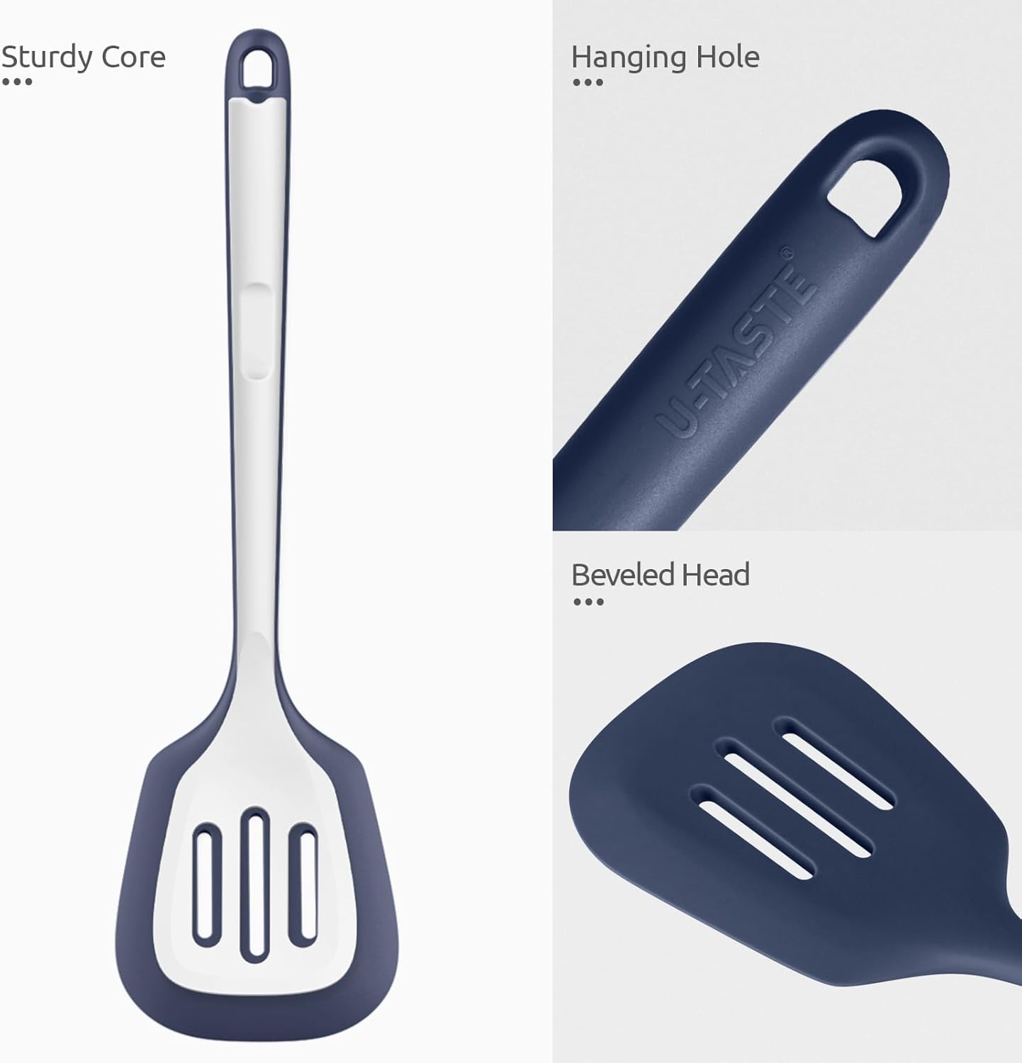 600ºF Heat Resistant Slotted Turner: U-Taste 13.6" Silicone Kitchen Spatula Flipper, 3.74in Wide Food Grade Flexible Rubber Cooking Utensil for Egg, Pancake, Cookie, Nonstick Cookware-Midnight Blue