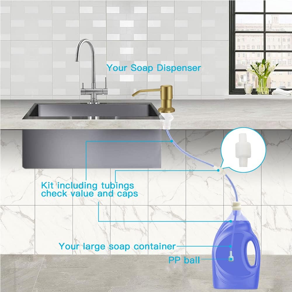 Dish Soap Dispenser for Kitchen Sink, Countertop Sink Soap Dispenser Water Pump with 47” No-Spill Extension Tube Kit Design for Kitchen Bathroom, Easy to Press, No More Refills （Golden）