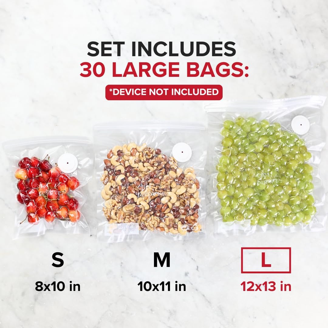 Chef Preserve Reusable Vacuum Sealer Bags for Food – 30 BPA-Free Large (12 x 13 in) Food Storage Bags, Freezer, Microwave – Odor-Resistant, Leak-Proof – Compatible with Chef Preserve Vacuum Sealers