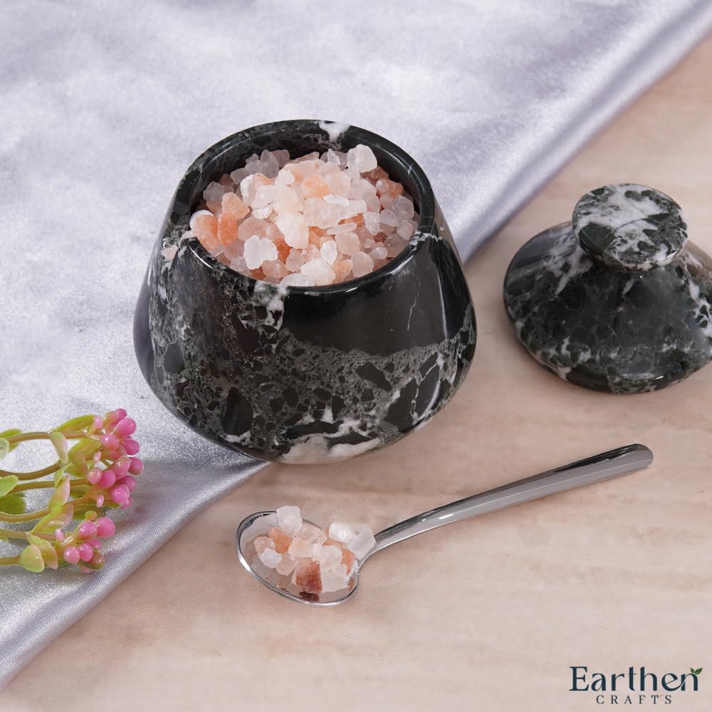 Marble Salt Cellar with Lid & Spoon Black Zebra 3" Inches Stone Salt Holder for Counter, Salt and Spice Jar Seasoning Containers