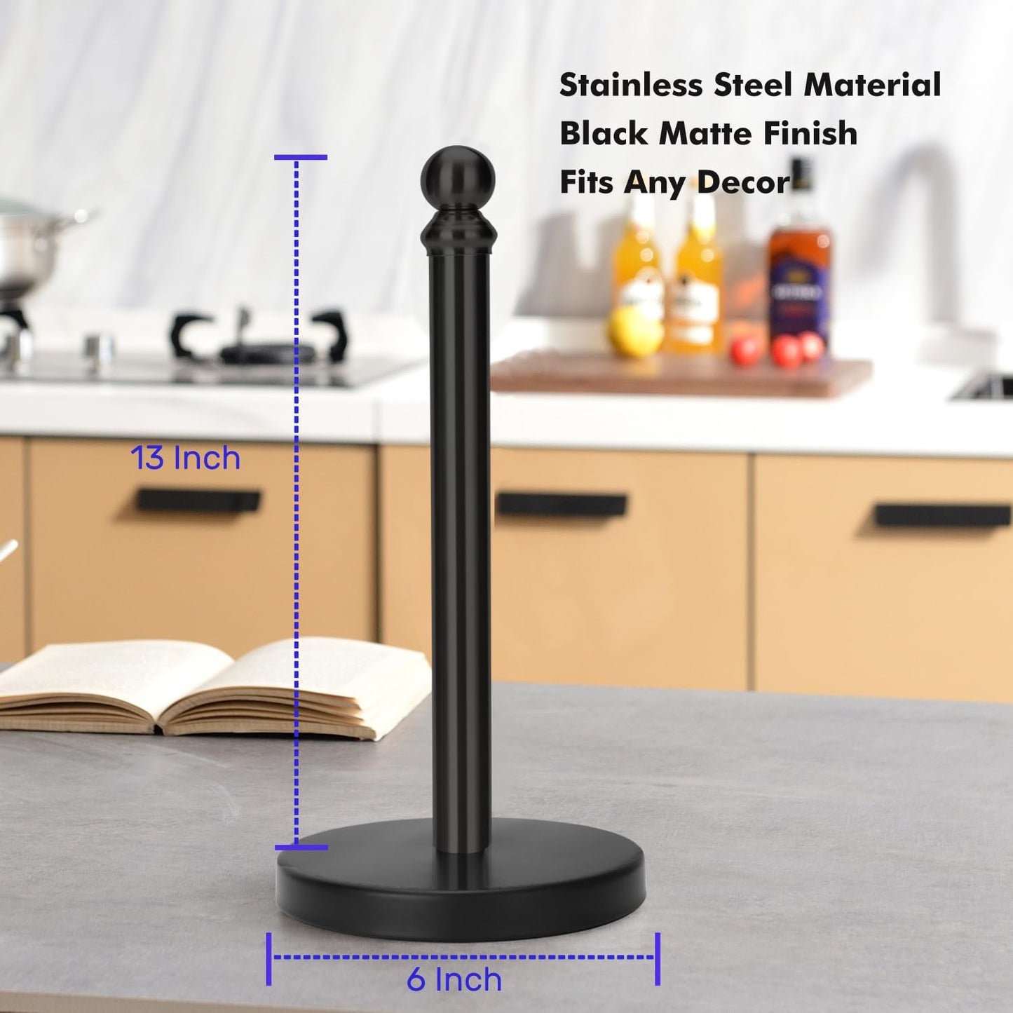 Black Paper Towel Holder Countertop, Standing Paper Towel Roll Holder for Kitchen Bathroom, with Weighted Base for One-Handed Operation, Stainless Steel in Black Matte Finish