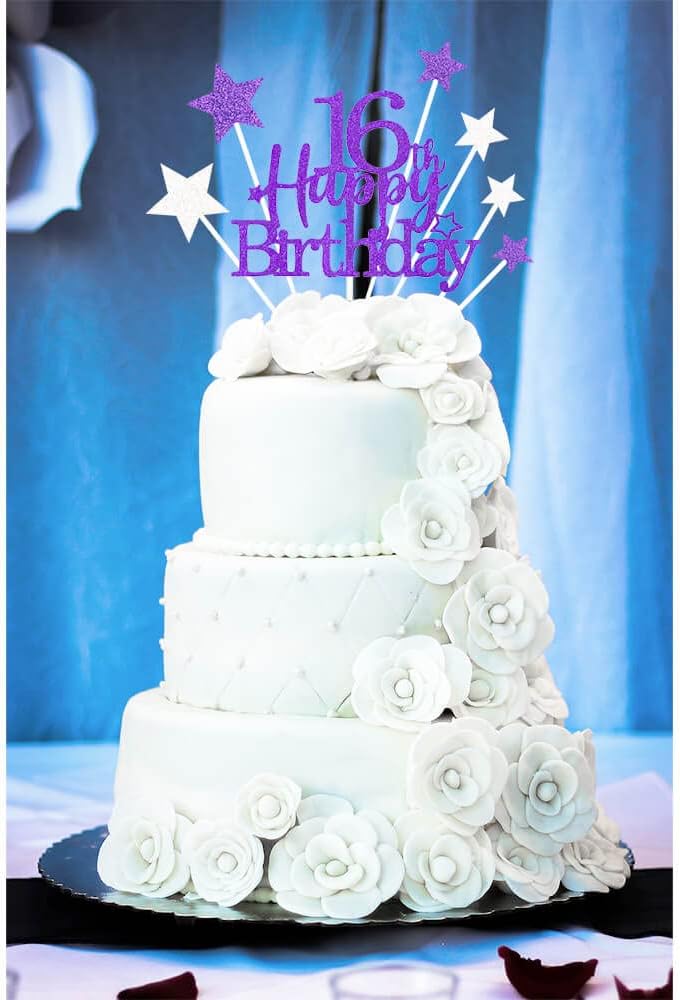 Glittery 16th Happy Birthday Cake Topper with Star,Personalised 16 Birthday Cake Toppers Party Decorations Party Supplies for Boys Girls Purple Silver