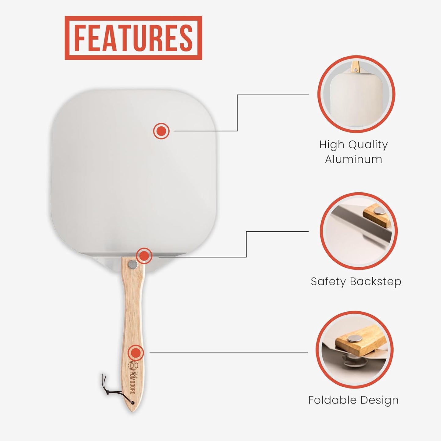 Chef Pomodoro Pizza Peel 16 inch, Pizza Spatula with Foldabe Wood Handle for Easy Storage, Pizza Accessory for Homemade Pizza