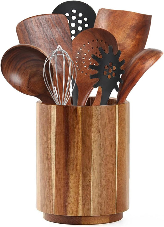 Acacia Wood Utensil Holder for Kitchen Counter, 360° Rotating 7.3" Large Wooden Utensil Holder,Kitchen Utensil Crock for Countertop,Cooking Utensil Storage Organizer,Farmhouse Kitchen Decor