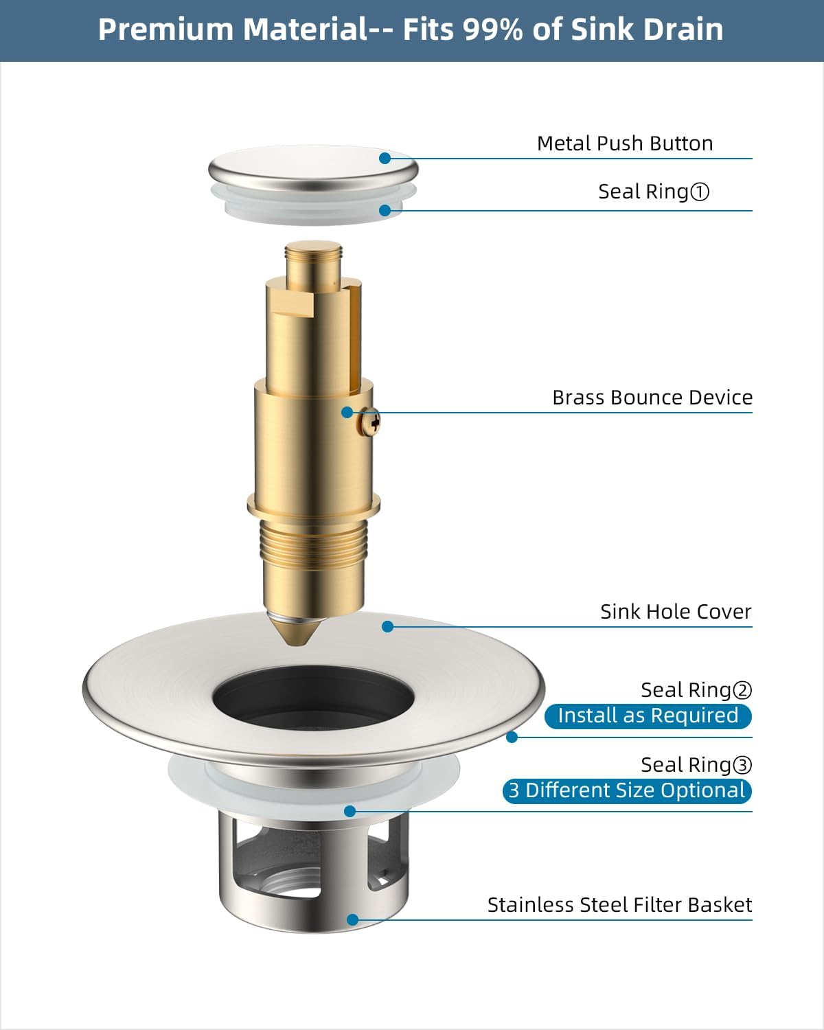 Hibbent All Metal Universal Bathroom Sink Stopper for 1.1''~2.3'' Basin, Pop Up Sink Drain Strainer, Brass Bullet Core Push Type Stopper, Stainless Steel Anti Clogging Drain Filter, Brushed Nickel