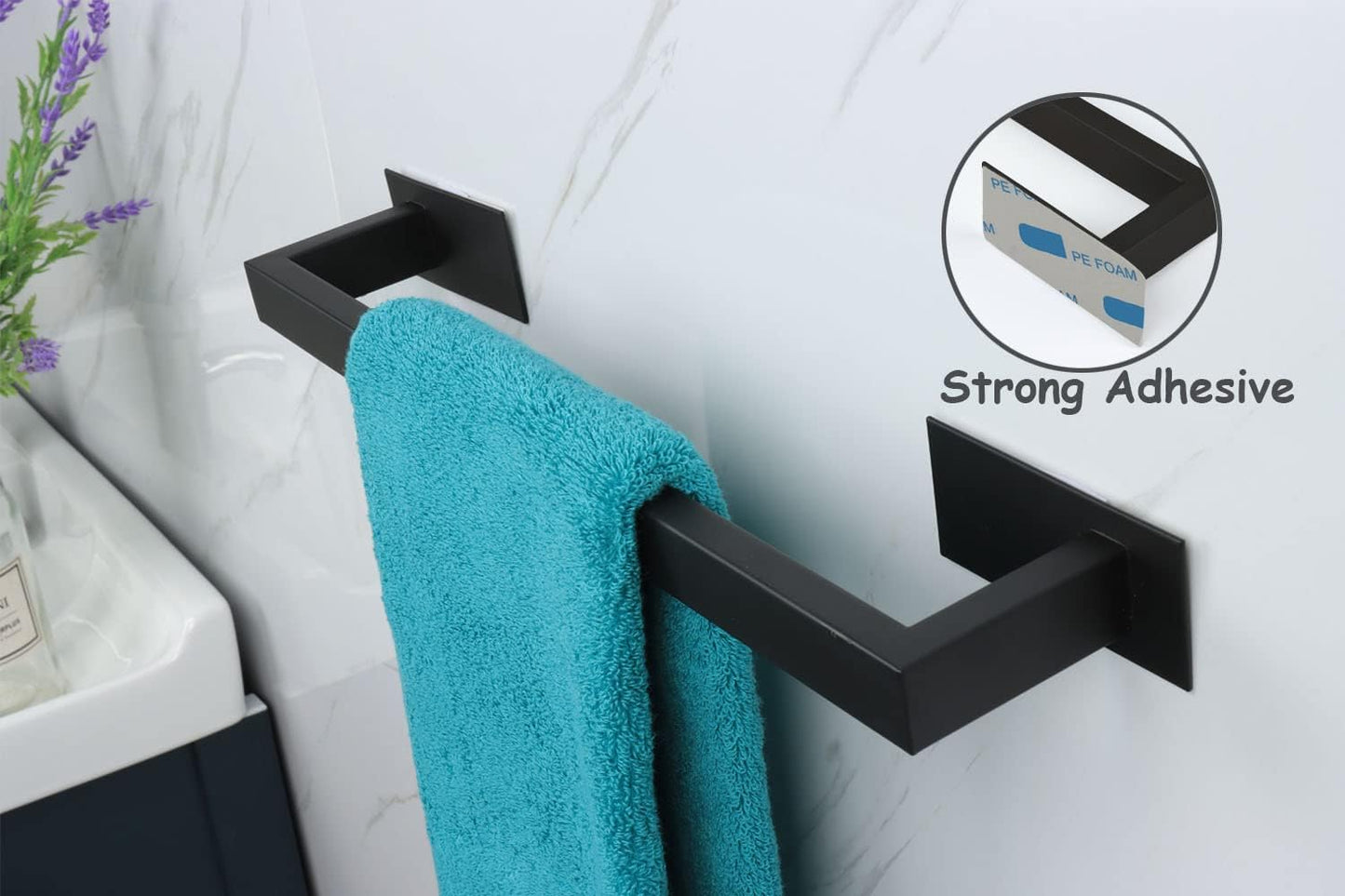 Bathroom Towel Bar Self Adhesive, No Drilling Towel Rack Easy to Install, Hand Towel Holder Made of Premium Stainless Steel Sticky on Hand Towel Hanger for Kitchen, Toilet.(16IN, Black)