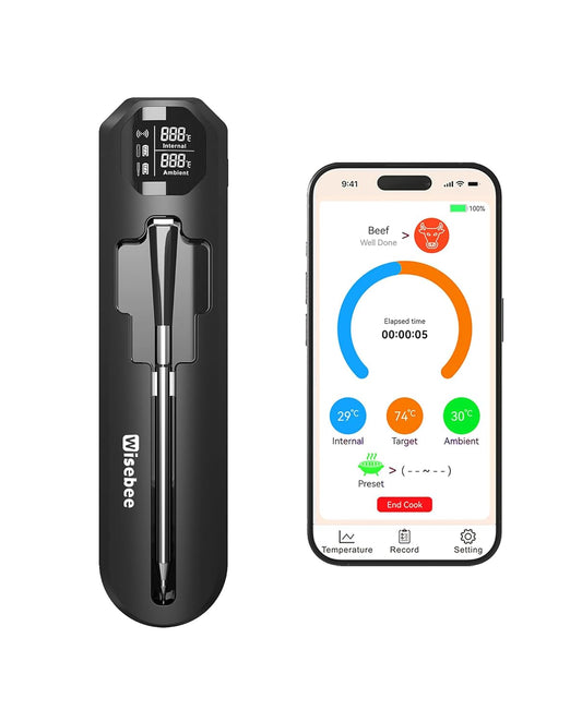 Wisebee Meat Thermometer Digital Wireless,328FT Smart Bluetooth Probe Waterproof Thermometer with Remote Monitoring| Real-Time Readings| Rechargeable LCD Booster| Dual Alarm| App Controlled| Cooking