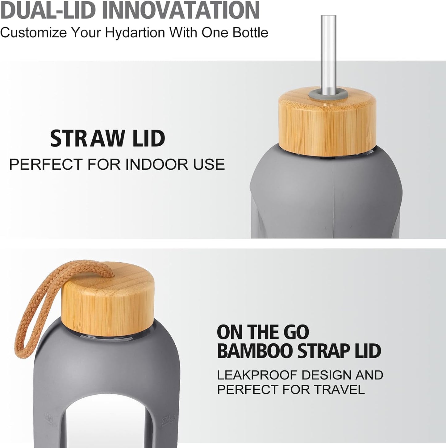 Glass Water Bottles 32 oz - Motivational Drinking Glass Water Bottle with Silicone Sleeve, Straw & 2 Bamboo Lids - 1 Liter Clear Borosilicate Daily Intake Tumbler with Time Marker - Grey