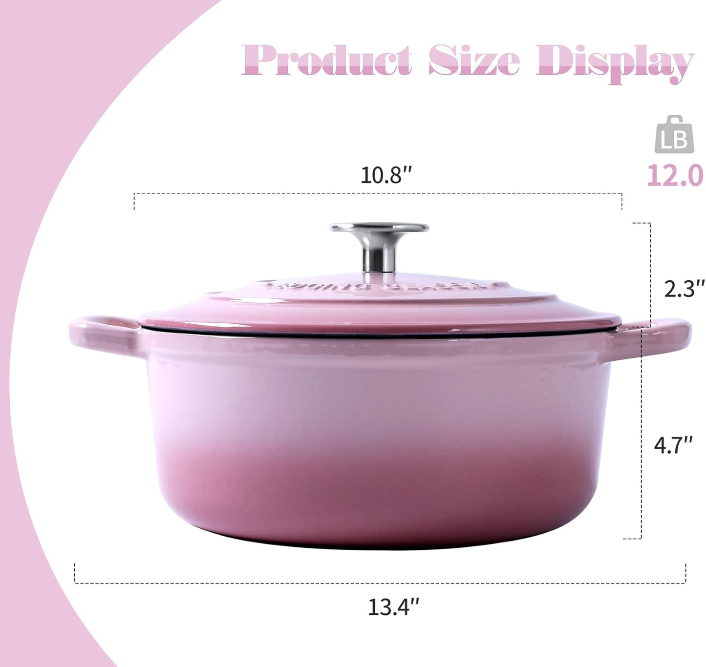 Enameled Cast Iron Covered 5.5 Quart Dutch Oven with Dual Handle, Dutch Ovens with Lid for Bread Baking, Pink