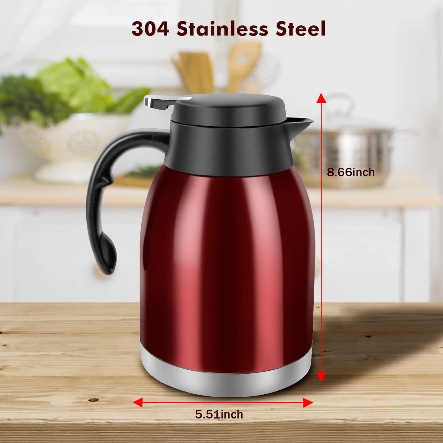 54oz Thermal Coffee Carafe, Stainless Steel Insulated Thermal, Double Wall Vacuum Flask, Small Coffee Carafe for Keeping Hot or Cold Drinks, Coffee, Tea (Bright Red)