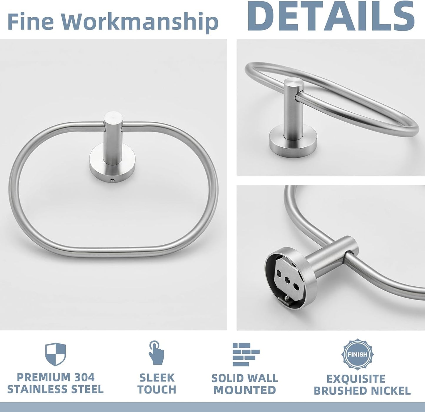 APLusee Oval Towel Ring Brushed Nickel, 304 Stainless Steel Towel Holder for Bathroom Kitchen, Wall Mounted