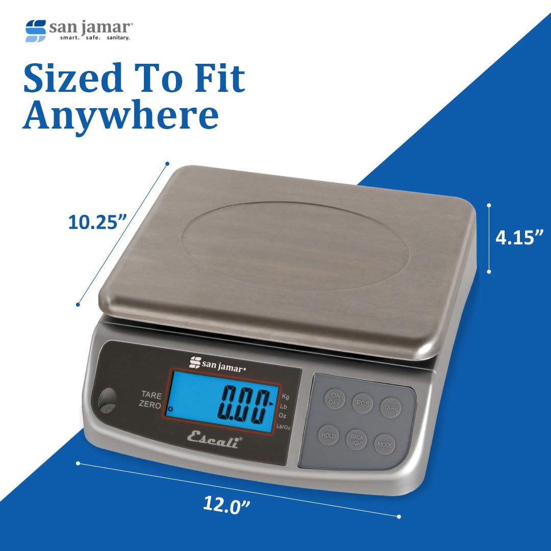 San Jamar Escali Promzr M-Series Digital Scale with Display Hold for Kitchens and Restaurants, Metal, 33 Pound, Silver