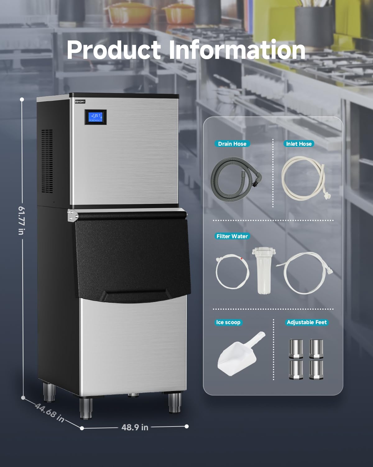 EUHOMY Commercial Ice Maker Machine,600lbs/24H,Industrial Ice Machine with 300lbs Storage Bin,Ice Ready in 10-15 Mins,SECOP Compressor&ETL,Stainless Steel Ice Maker for Bar/Cafe/Restaurant/Business