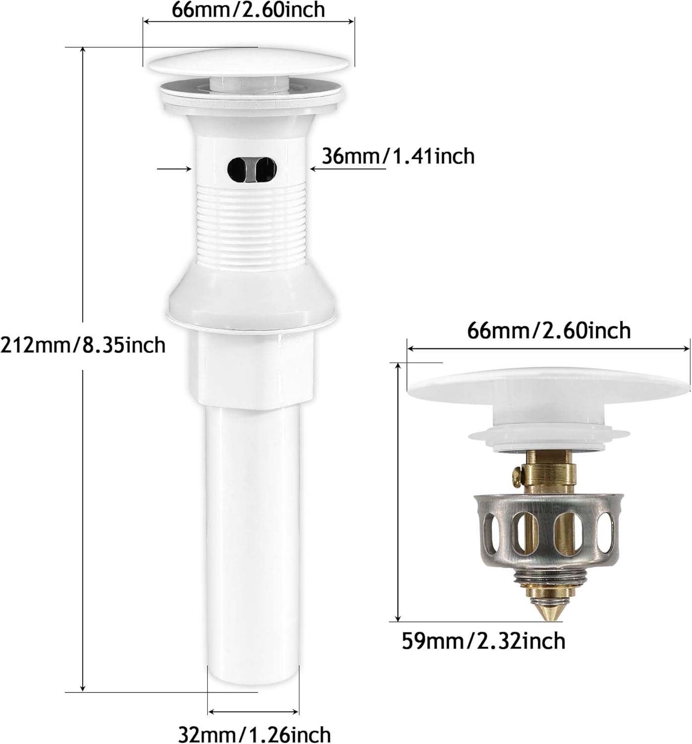 Bathroom Sink Drain,2 Pack White Drain Stopper Bathroom Sink With Overflow,Pop Up Drain Assembly with Detachable Strainer Basket,Built-in Anti-Clogging, Stainless Steel Nut