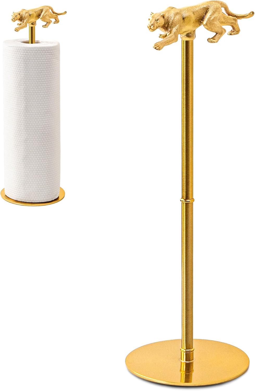 Gold Paper Towel Holder for Countertop, Vintage Brass Paper Holder for Kitchen, Bathroom, Dining Room, Non-Scratch Base & Detachable Leopard