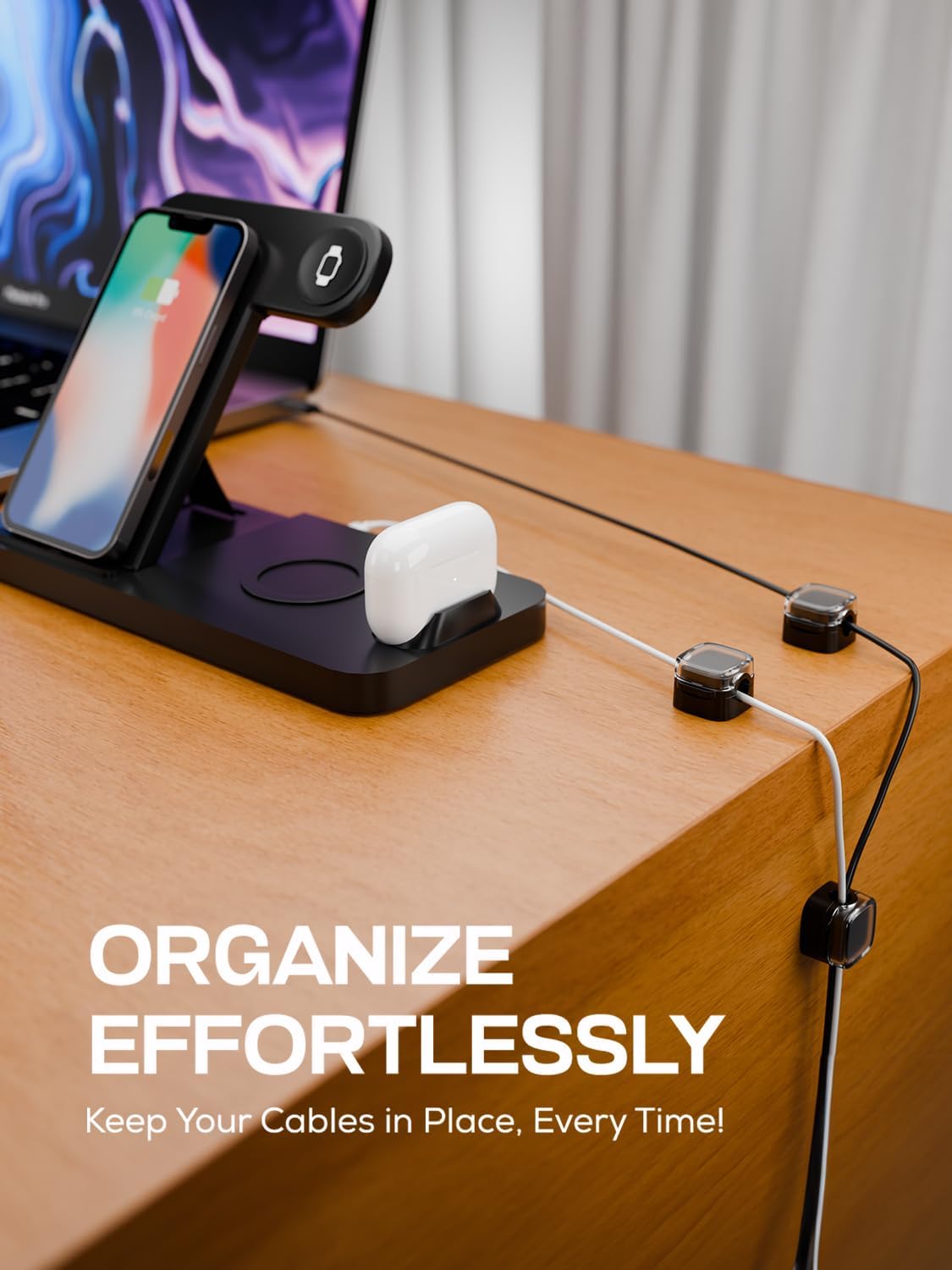 6-Pack Black Magnetic Cord Organizer for Desk, Magnetic Cable Clips with Strong Magnetic Lid, Holds Cables Firmly, 7 mm Cable Organizer & HDMI Cord Holder for Nightstand with Strong Adhesive Pad