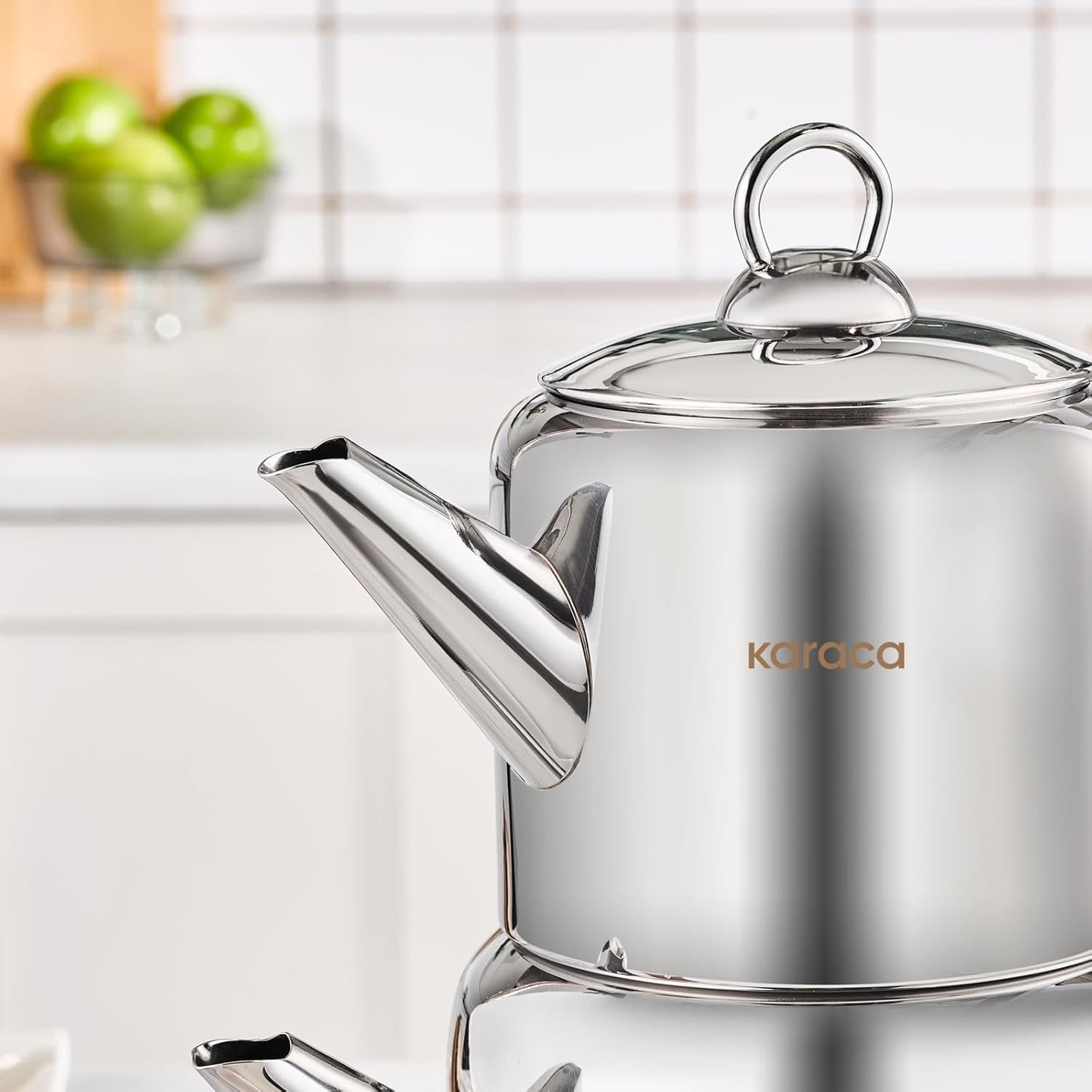 Karaca New Mira Turkish Tea Set for Stovetop, Induction Base Stainless Steel Tea Maker (1L Teapot & 2L Tea Kettle), Dishwasher Safe, Non-Burning Gold Handles Samovar Style