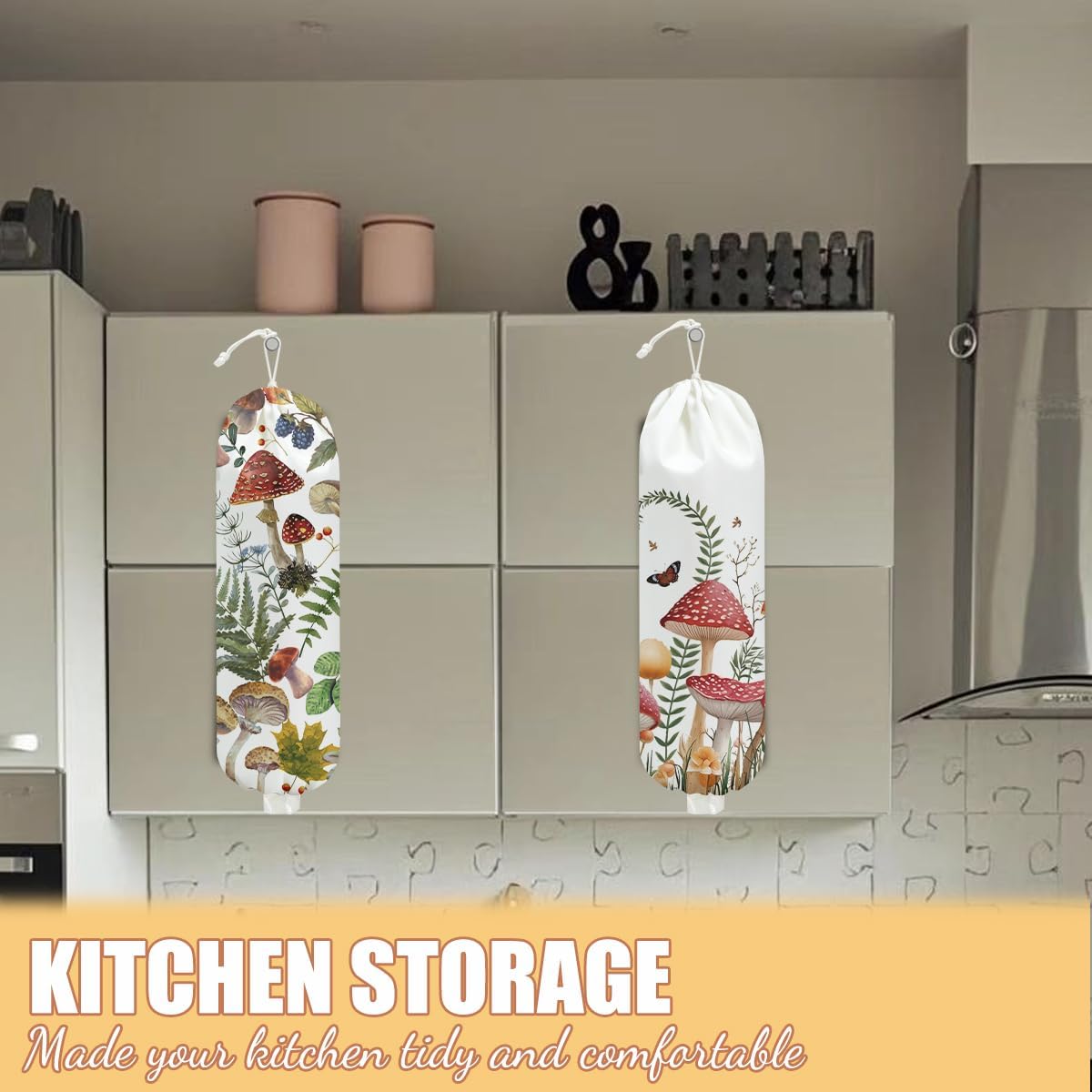 2 Pcs Mushroom Plastic Bag Holder for Kitchen Essentials, Floral Butterfly Grocery Bag Holder Plastic Storage bag, Washable Shopping Bags Storage Dispenser for Home Kitchen, Mushroom Gifts for Women