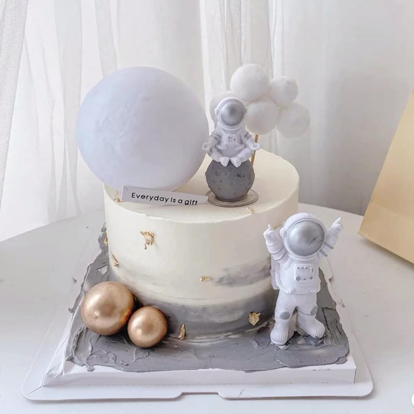 Cake Topper for Kids Astronaut Space Birthday Cake Decoration, 3D Soft Light Moon Outer Space Cake Topper for Party Supply, LED Moon Planet Birthday Cake Decoration