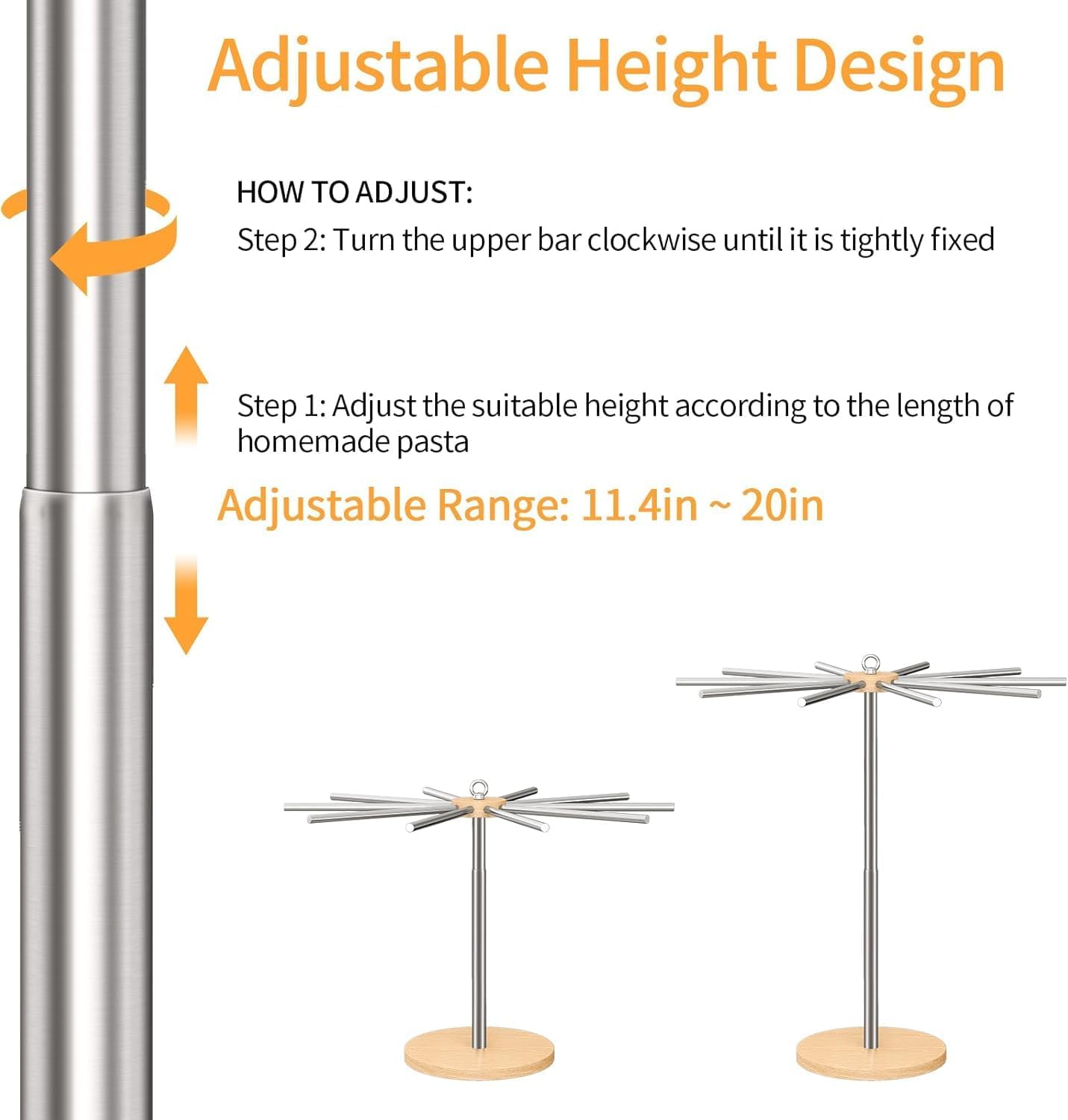Pasta Drying Rack, Adjustable 304 Stainless Steels Pasta Rack with Handle, Detachable Stand Noodles Drying Hanger for Homemade Fresh Spaghetti, Tagliatelle, Fettuccine