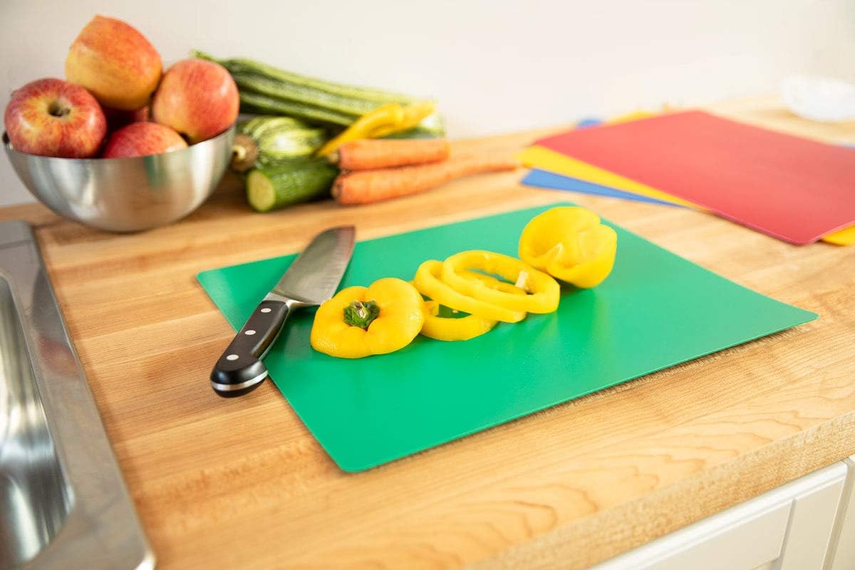 Professional Kitchen Cutting Board Mats - 15x12 Inch NSF Approved, Flexible 4 Color Set (Red, Blue, Green, Yellow) for Meat, Vegetables and Seafood (1/16" Thick)