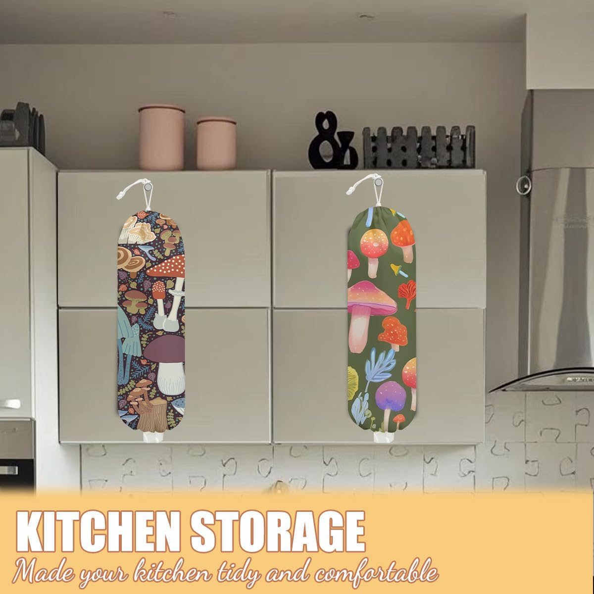 2 Pcs Mushroom Plastic Bag Holder, Wall Mount Grocery Bag Holder for Plastic Storage bag, Large Reusable Grocery Bags Storage Dispenser for Home Kitchen, Cute Mushroom Gifts for Women Wife Grandma