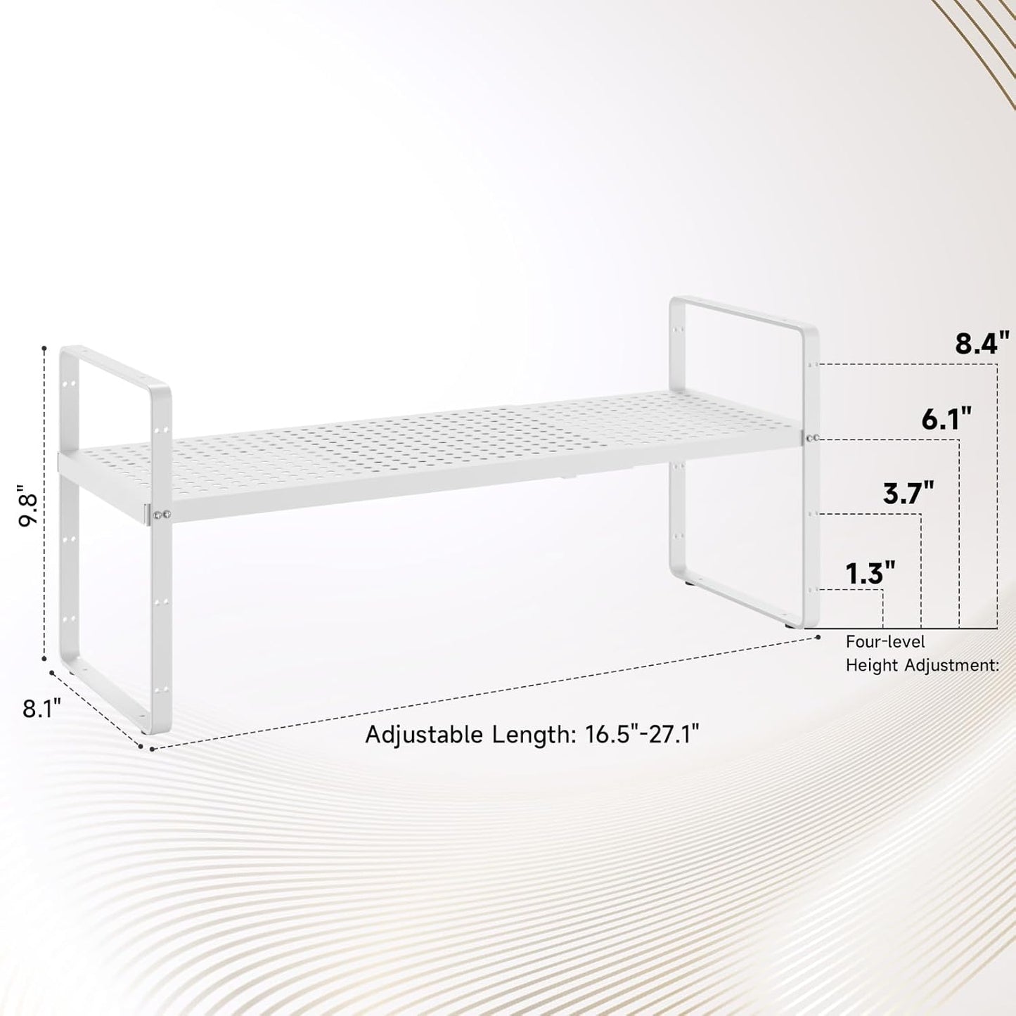 Hole Pattern Expandable Shelf Organizer,2Pack 8.1" Wide Easy to Assemble Cabinet Organizer Shelf, 16.5~27.1" Adjustable Height&Stackable Spice Organization for Cupboard, White