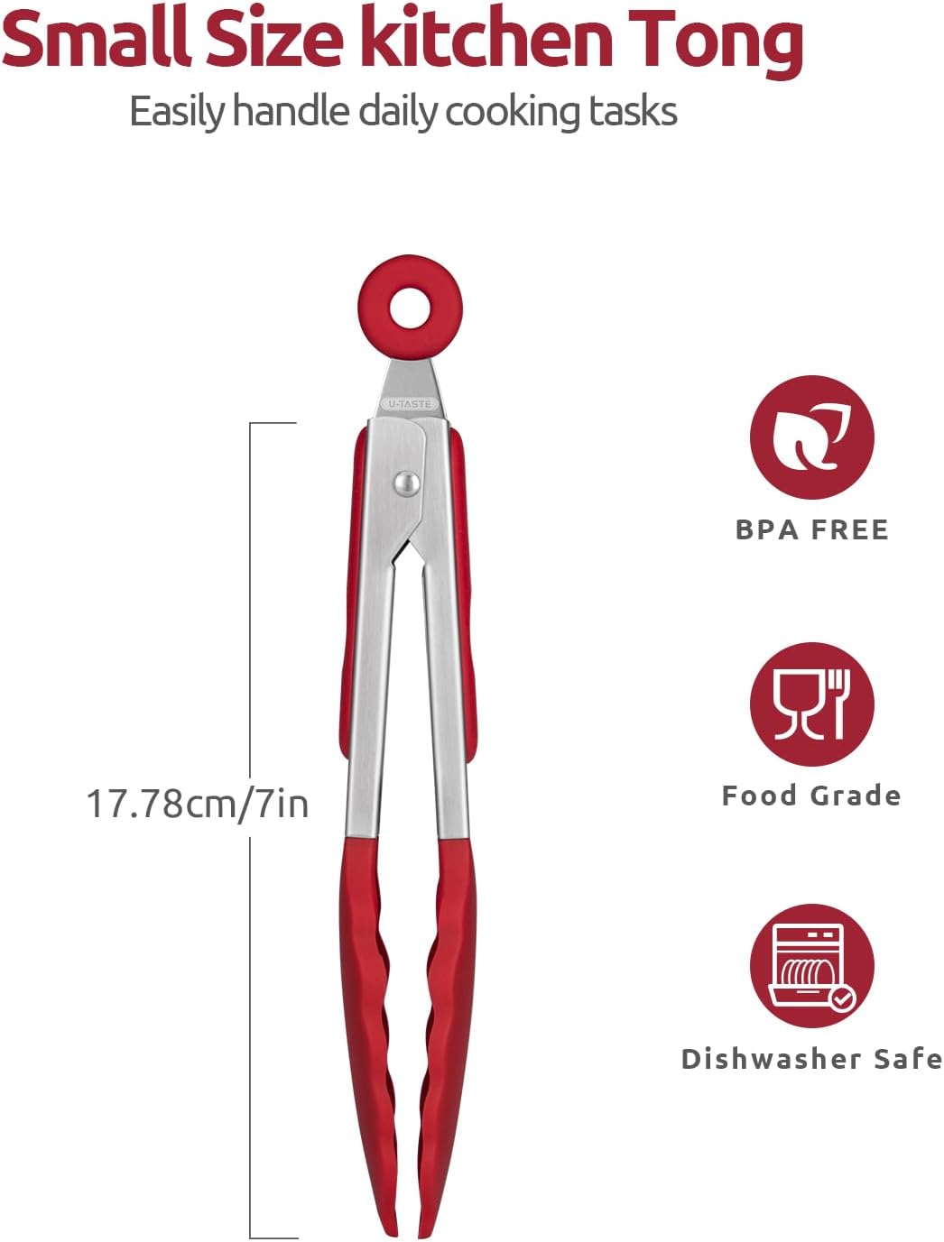 480ºF Heat Resistant Kitchen Tong: U-Taste 7 inch Silicone Cooking Tong with Firm Sealed Non Stick Rubber Tips & Silicon Coated 18/8 Stainless Steel Handle & Smooth Locking for Serving Salad (Red)