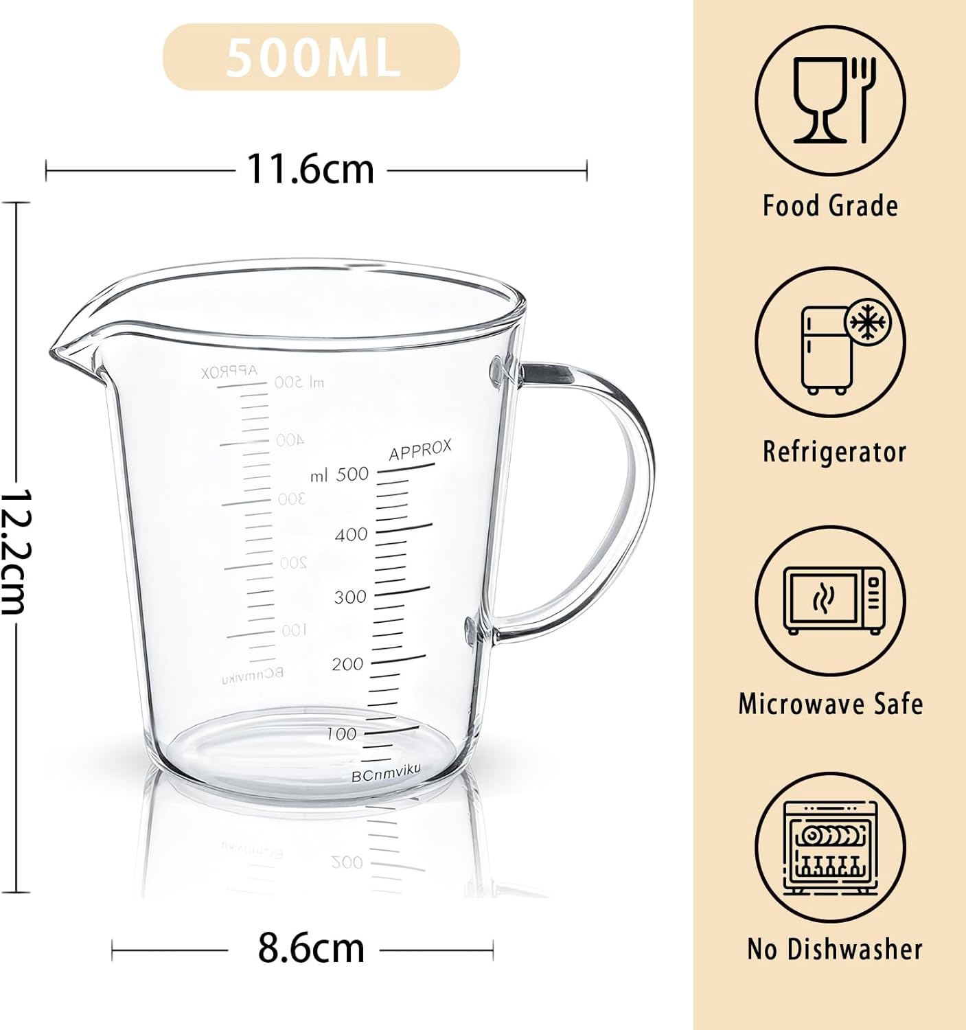 BCnmviku Glass Measuring Cups High Borosilicate [Insulated Handle | V-Shaped Spout]For Prepping Baking and Cooking Preheated Oven Dishwasher Freezer and Microwave Safe (500ml)