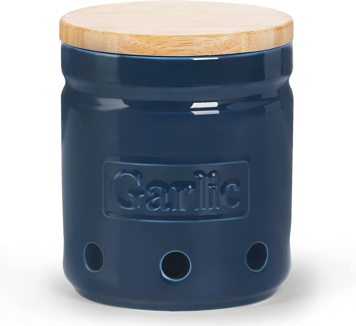 Large Garlic Keeper with Wooden Lid, Ceramic Garlic Holder Storage, Garlic Container for Kitchen, Garlic Saver to Keep Your Garlic Cloves Fresh Longer 4.5-Inch, Navy